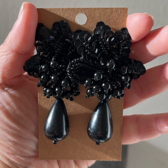 Jewelry - Handmade Black Sequin & Beaded Floral Earrings